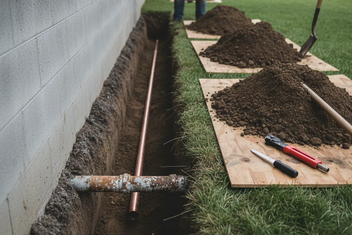 Excavated water line trench during Water Heater Repair in Lake Station